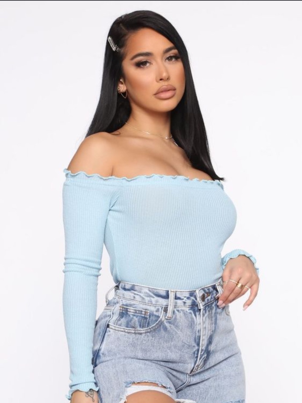 Fashion Nova Light Blue Off-Shoulder Ribbed Long Sleeve Top